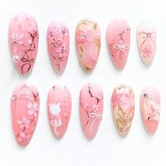 COLORBIRD 네일 팁 꽃무늬 흰 고양이 리본 펄 투명감 핑크 페미닌 어른 귀여운 미디엄 포인트 간단 장착 점착 씰 첨부 재이용가 선물용 24장 세트 (핑크, 화이트, 미디엄)