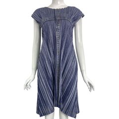 新品同様 ISSEY MIYAKE イッセイミヤケ PLEATS PLEASE プリーツプリーズ ワンピース デニムデザイン ロング ブルー サイズ3