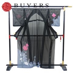 [중고] 방문 착·부하 絽 폴리에스테르 총길이 약 160.5 cm 옷길이 약 64 cm 블랙 여름 물건 씻을 수 있는 기모노 모란 일본장 오옷 일본옷 기모노 여성 여성