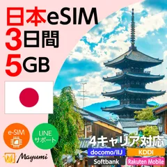 【4キャリア対応】マユミ 日本 eSIM 5GB/3日間 データ通信 4G/5G対応 プリペイド テザリング対応 QRコード送信 本人認証不要 契約不要 ドコモ・au・ソフトバンク・楽天回線対応 SIMフリースマホ向け