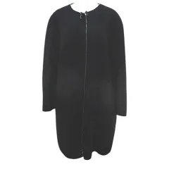 エルマノシェルビーノ ERMANNO SCERVINO ノーカラー コート ロング丈 46 黒系 ブラック 無地 フルジップ ドットボタンのサムネイル