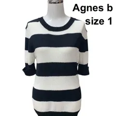 □ アニエスベー Agnes b サマーニット トップス ラウンドネック 半袖 セーター ボーダー モノトーン 黒白 綿混 1 S 7号 レディース Z6C276のサムネイル