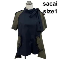 ◇ サカイ sacai プルオーバーブラウス ハイネック リボンタイ 異素材 ミリタリーディテール 紺 カーキ ウール 1 M 9号 レディース S6F283のサムネイル