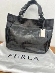 R【中古品】FURLA フルラ ハンドバッグ  クロコ型押し レザー トートバッグ ブラック シルバー 金具 鞄 フォーマル 普段使い おしゃれ
