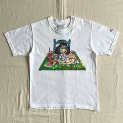 90s　vintage　crazy shirt　クレイジーシャツ　クリバンキャット　キャラクター　全面アートグラフィックプリント　袖ロゴ　お絵描き猫　絵具　白Tシャツ　短丈ピチT　タイト　M　一点物　Y2K　個性派　cat character print-Tのサムネイル