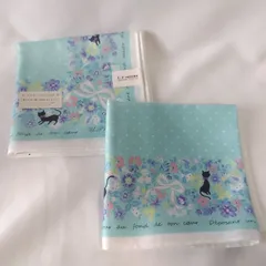 【新品未使用】2点セット U.P renoma メッセージハンカチ 猫柄 花柄 リボン ミントグリーン ユーピーレノマ プチギフト ねこ W-474のサムネイル