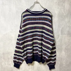 ～90s　TREND BASICS　アクリルニットセーター　ボーダー柄　総柄　ヴィンテージ　紺　ネイビー　XLサイズ　古着【値引き交渉OK！】