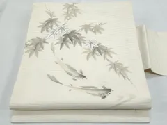 平和屋着物＊夏物　九寸名古屋帯　作家物　刺繍　魚　枝楓文　銀彩　正絹　逸品　CABH8297fb