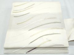 J 美品 夏物 市松に流水 白 銀糸 六通 正絹 薄物 絽 紗 名古屋帯 