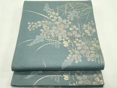 名古屋帯】夏帯 紗 洗える 納戸色 青緑色 刺繍の萩 正絹薄物 盛夏 K 