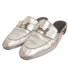 Hermes Trocadero Flat Shoes Sandals Mules with H Logo Hardware 191093Z Silver Color Size 35