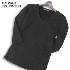 5351 POUR LES HOMMES 5351プールオム 春夏★ 七分袖 Vネック ラメ リブ カットソー Tシャツ 日本製 Sz.3 メンズ 黒のサムネイル