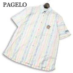 PAGELO パジェロ アンジェロ 春夏 コットン100％★ シアサッカー 半袖 ストライプ 刺繍 ボタンダウン シャツ Sz.M メンズのサムネイル