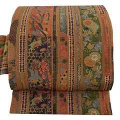 【美品】 名古屋帯 逸品 山岡古都 草花 縞 茶色 正絹 【中古】のサムネイル