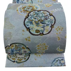【美品】 袋帯 秀品 鳥 花唐草 青灰色 六通 正絹 【中古】