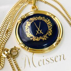 美品 マイセン ブルー ロゴ ネックレス スクエア ゴールド ネイビー 