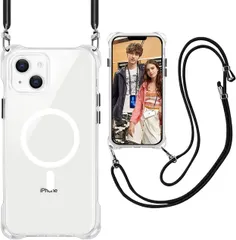 新着商品 MagSafe対応 iPhone 12 Pro Max用 ケースクリア ストラップ ショルダー マグネット搭載 HILEGENERアイフォン12 Pro Maxカバー 縦/横 2WAY肩掛け 斜めかけケース【長さ調整可能 ブラック縄掛け付き】透明PC