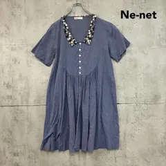 Ne-net ネネット サイズなし ブルー 襟装飾 飾りボタン 半袖 ワンピース 膝丈 ひざ丈 チュニック Aライン ギャザー パフスリーブ カジュアル フェミニン 綿100パーセント コットン 個性的 ★ ■◆のサムネイル