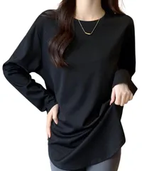 [Dep Club] 毎日着たい極上ゆるトップス ロンt レディース ゆったり ロンティー カットソー 長袖tシャツ チュニック スポーツ 薄手 無地 オーバーサイズ 速乾 春 秋 春秋 春服 (JP, アルファベット, XL, ブラッ [ブラック] [XL]