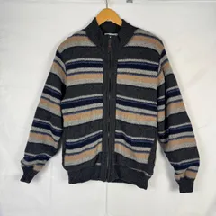 90s Crocodile クロコダイル ドライバーズニット ニットジャケット マルチボーダー ウール ハイネック フルジップ トラッド チャコール ベージュ メンズ M ネイビー NA128のサムネイル