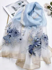 アクセサリー レディース スカーフ 1枚 レディース ライトブルー 大柄花 金糸刺繍 桑絹&ウール混 デコラティブストール、エレガントな植物刺繍スカーフ、夏の日よけ、秋冬母の日ギフト、フォーマルドレス/チャイナドレ