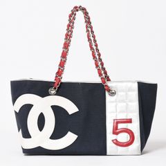 CHANEL 샤넬 No.5 코코마크 체인 토트 백 A18644 램스킨 캔버스 알루미늄조 넘버링 실버 쇠장식 뜨개질 체인 양품 중고 4a003678