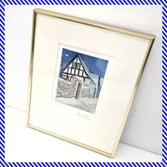 【真作】 ヨーロッパ風景 銅版画 サインあり 1985年 エディション有 ミニチュア版画 風景画 冬 雪 額サイズ30.5×24.5cmのサムネイル