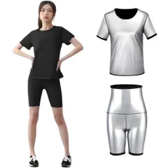 [カロモンテ] サウナスーツ 上下 セット レディース 半袖 5分丈 パンツ 洗濯可 スパッツ 発汗 ダイエット ランニング 筋トレ インナー ジム 脂肪燃焼 ジョギング (M) [M]のサムネイル