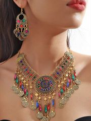 Ladies' Jewelry Set: Elegant Vintage Palace Style Mixed Color Necklace and Earrings Set, perfect for banquets, parties, travel, outfits, and gifts.