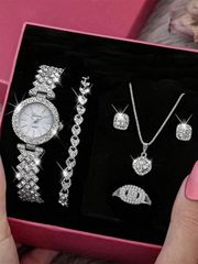 Ladies' Watch Set: Silver Tone Band Fashion Casual Luxury Crystal Bar Scale Quartz Watch Bracelet Necklace Earrings Ring Jewelry Set of 6 Pieces, Suitable for Decorating Daily Wear or as a Holiday Gift for Friends.