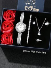Ladies' Watch Set with Stainless Steel Band, Sparkling Rhinestone Decoration, Round Dial, Quartz Movement, and Jewelry Set Including Necklace, Earrings, Ring, and Bracelet.
