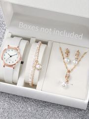 Ladies' Watch Set - 5-Piece Set: Quartz Watch with PU Leather Band, Dial Markers, Simple Dial, Jewelry Set Gift - Perfect for Students