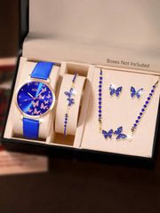 Ladies' Watch Set: A women's fashion watch with a butterfly motif and Arabic numeral dial, featuring a quartz movement. Includes a butterfly pendant necklace, earrings, and bracelet jewelry set. Perfect for everyday wear and makes a great gift.
