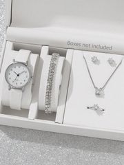 Ladies' Watch Set (7 Pieces): Simple Watch with PU Leather Strap, Fashion Business Style Zinc Alloy Pendant Necklace, Earrings, Ring, Rhinestone Bracelet, Quartz Watch Accessory Set, Perfect for Holidays
