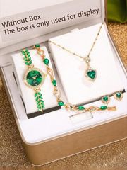 Ladies' Watch Set: A women's watch set with a green feather-shaped band, casual quartz movement, luxurious crystal-decorated dial, and a jewelry set including a heart-shaped necklace, earrings, ring, and bracelet. Perfect for everyday wear or as a birthday gift.