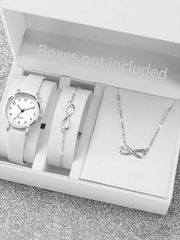 Ladies' Watch Set: Minimalist Design Quartz Watch with Leather Strap and Small Dial + Jewelry Set (3-piece set), perfect as a gift for students starting school.