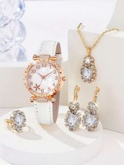 Ladies' Watch Set (5 Pieces): White PU Leather Band, Minimalist Floral Dial, Dial Scale, Quartz Watch, Necklace, Ring, and Earrings Jewelry Set. Suitable for Daily Use, Decoration, and Holiday Gifts.