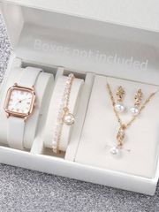 Ladies' Watch Set: Minimalist Style, Square Dial Quartz Watches (5-piece set) + Pearl Jewelry Set