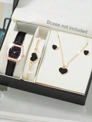 Ladies' Watch Set: 1 set includes a casual quartz watch with a PU leather band, a heart-shaped necklace, earrings, and a bracelet jewelry set. Perfect for everyday wear, birthday gifts, parties, and holiday gatherings.