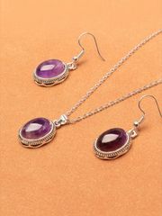 Ladies' Jewelry Set of 3: Vintage Oval Amethyst Pendant Necklace & Earrings Set (with natural texture and color variations), Rose Quartz, Turquoise, Gold.