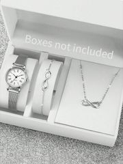 Ladies' Watch Set: Minimalist Design Quartz Watch with Roman Numerals and Small Dial & Figurine 8 Jewelry Set (3-piece set)