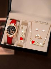 Ladies' Watch Set, 1 Set, Fashionable, Casual Quartz Watch, Minimalist and Fashionable Jewelry Set including Bracelet, Necklace, Earrings, and Ring, for Everyday Wear