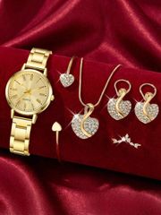 Ladies' Watch Set of 6, Minimalist Luxury Roman Numeral Alloy Ladies' Watches, Alloy Steel Straps, Heart-Shaped Crystal Design, Alloy Jewelry Set, Suitable for Daily Wear and Party Wear, Perfect Gift for Her