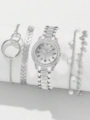 Ladies' Watch Set: Luxury Fashion Watches with Diamonds and Dials, Stainless Steel Quartz Watches (5-piece set), Suitable for Daily Use and Parties, Watch Jewelry Set, Perfect Gift for Her