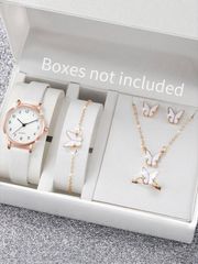 Ladies' Watch Set: Simple and stylish quartz watch with numeral dial + butterfly jewelry set (6 pieces), watch box not included.