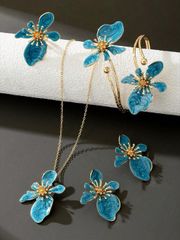 Ladies' Jewelry Set: Country-Style Holiday Set - Blue Enamel Asymmetrical Flower Pendant Necklace, 1 Pair of Earrings, 1 Ring, 1 Bracelet (Gift Box Excluded)
