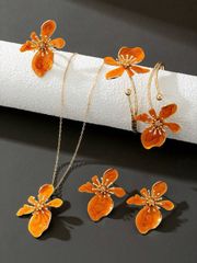 Women's Jewelry Set: Orange Asymmetrical Flower Pendant Necklace (1 set), Earrings (1 pair), Ring (1), Bracelet (1), Women's Jewelry Set (Gift Box Not Included)