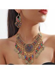 Ladies' Jewelry Set: Enchanting Exotic Palace Vintage Multicolor Versatile Necklace & Earrings Set, Perfect for Parties, Weddings, Travel Outfits, and Gifts.