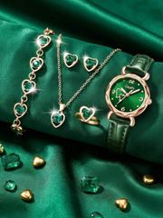 Ladies' Watch Set - Gayty 6-Piece Set: Women's Fashion Casual Quartz Watch with Double Heart Dial, Necklace, Earrings, Bracelet, and Ring - Jewelry Set for Parties, Holidays, Birthdays, etc.