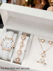 Ladies' Watch Set (6 Pieces): Quartz Watch & Jewelry Set (Rose Gold Round White Leather Strap Quartz Watch x1, Heart-Shaped Crystal Bracelet x1, Necklace x1, Earrings)